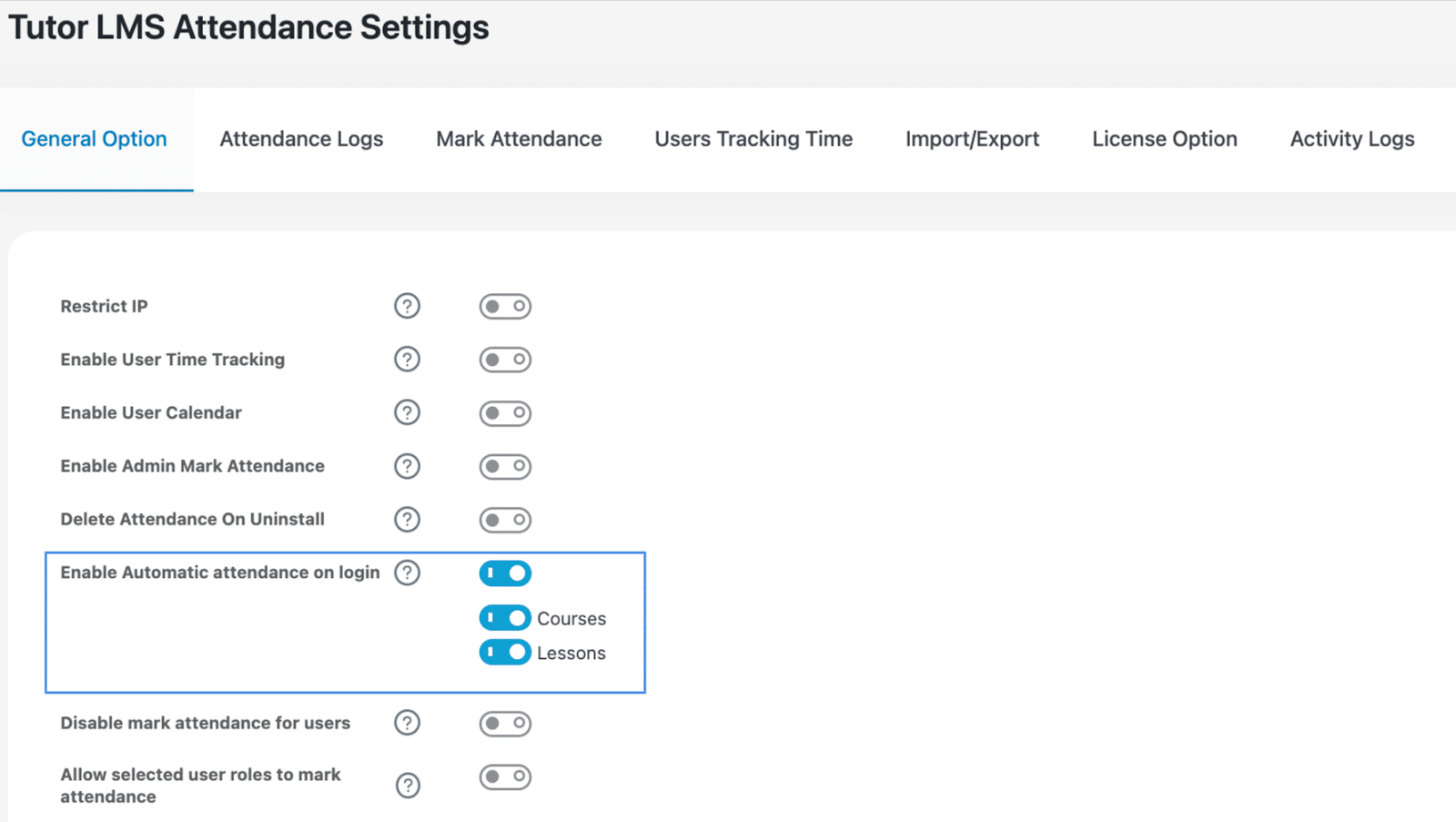 Image showing TutorLMS attendance settings. 