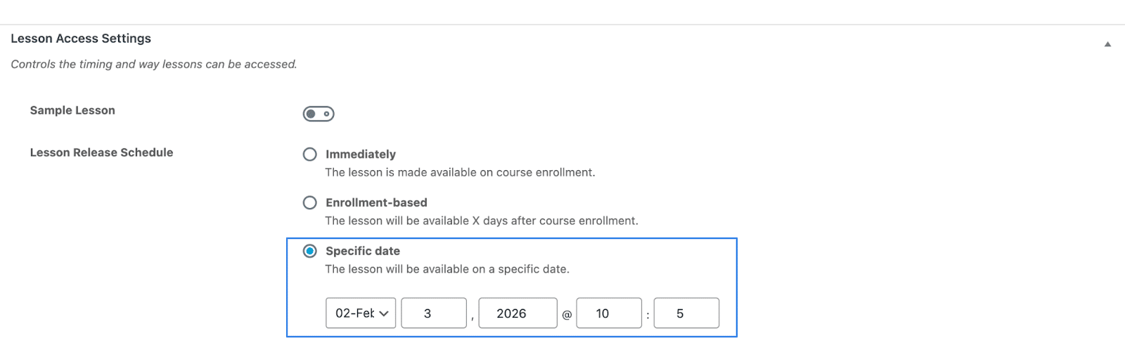 Image showing specific date release lesson access settings.