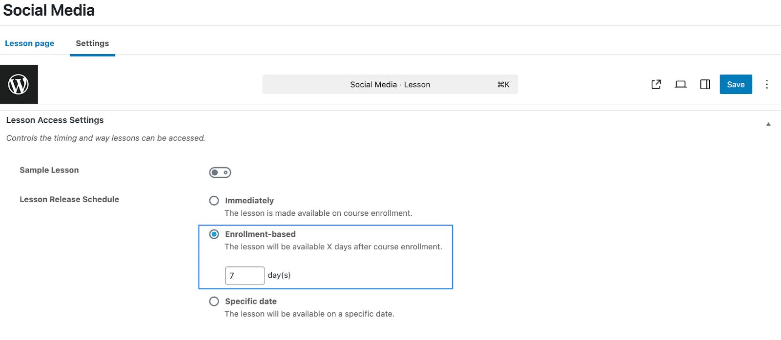 Image showing social media settings page enrollment based on the LearnDash Course Planner Pro.