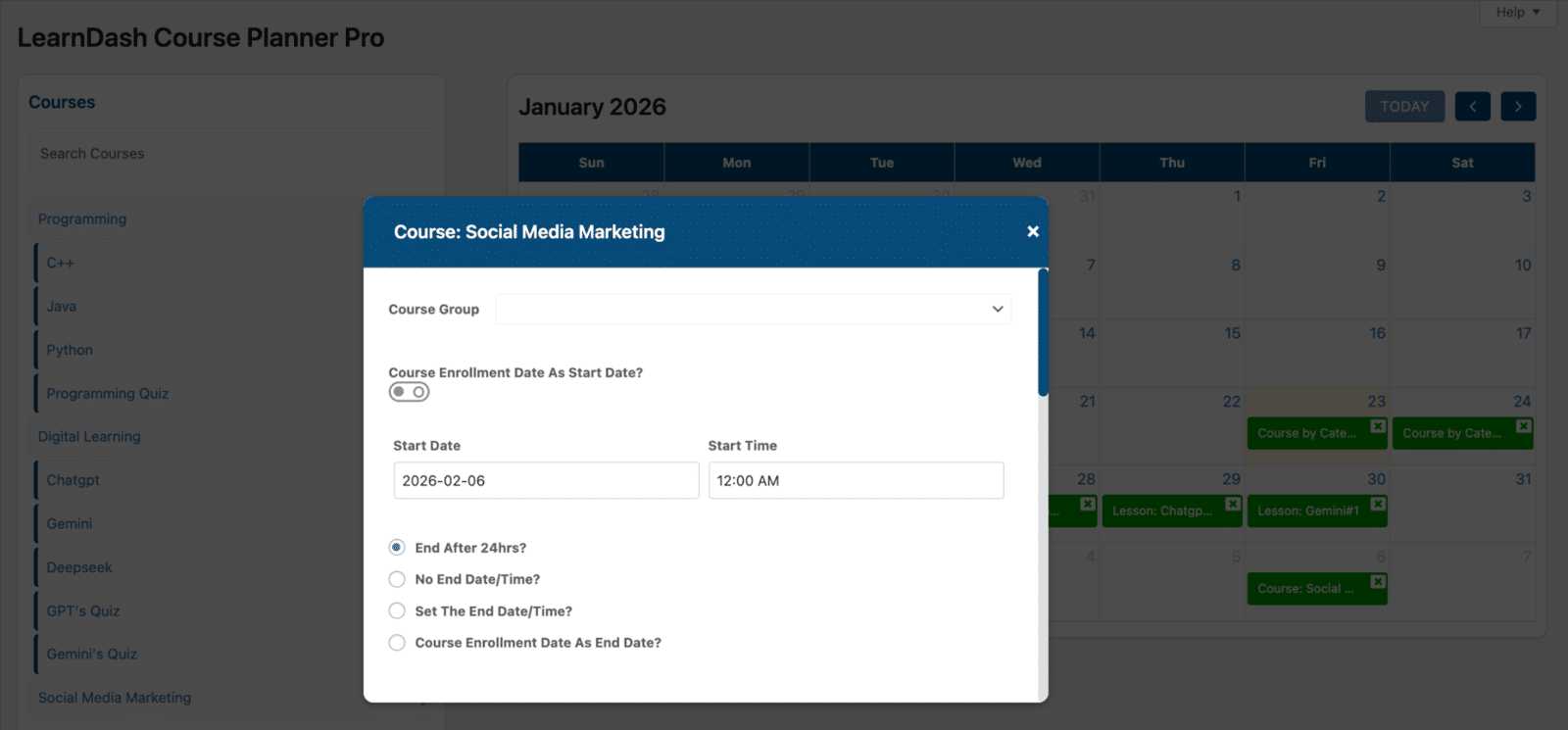 Image showing course social media marketing end date on your LearnDash Course Planner Pro.