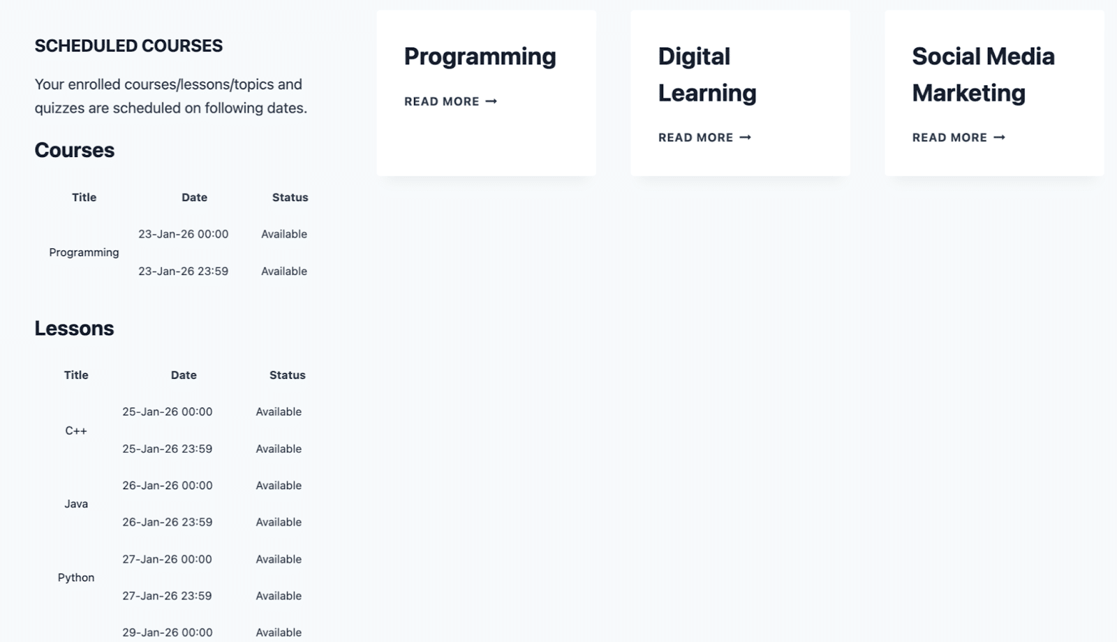 Image showing scheduled course and lessons.