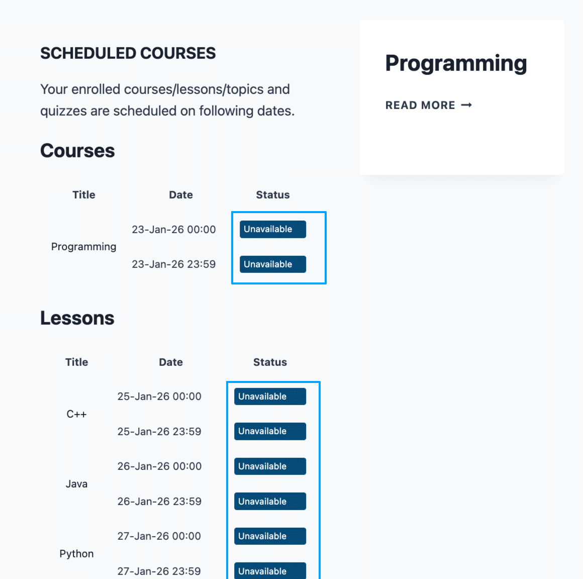 Image showing scheduled course programming.