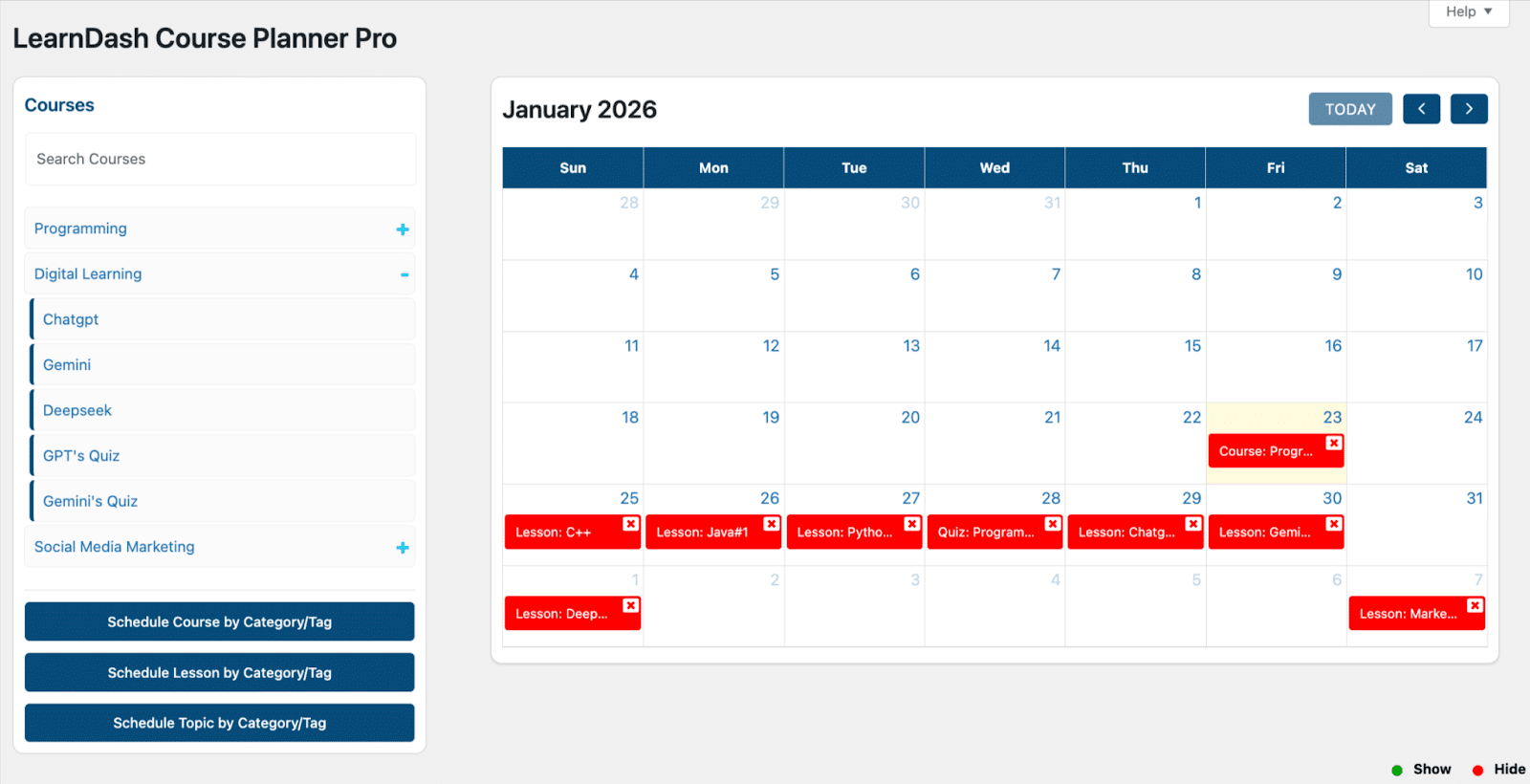 Image showing LearnDash Course Planner Pro January 2026 Calendar.