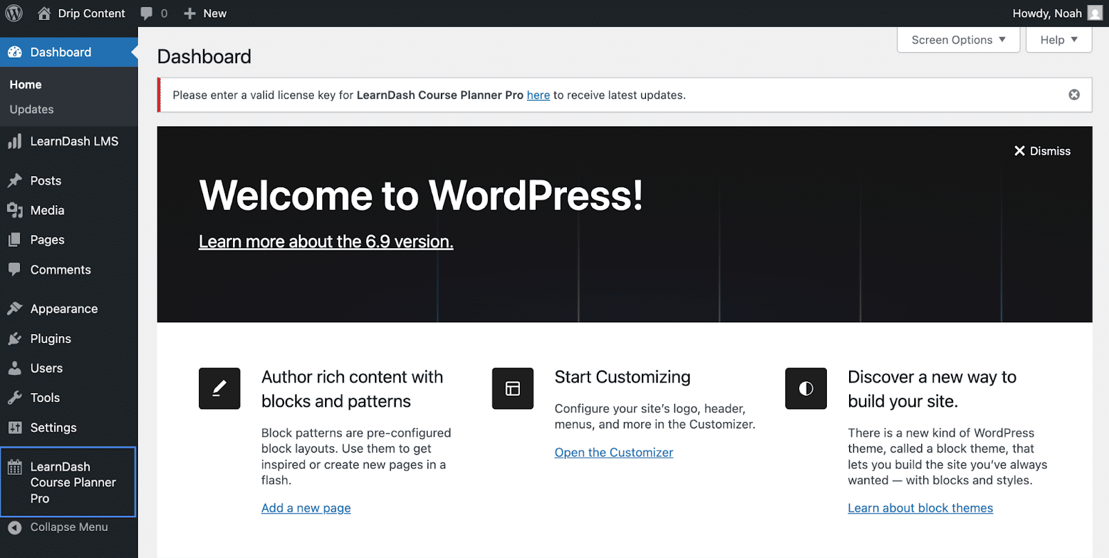 Image showing welcome to WordPress dashboard on LearnDash Course Planner Pro.