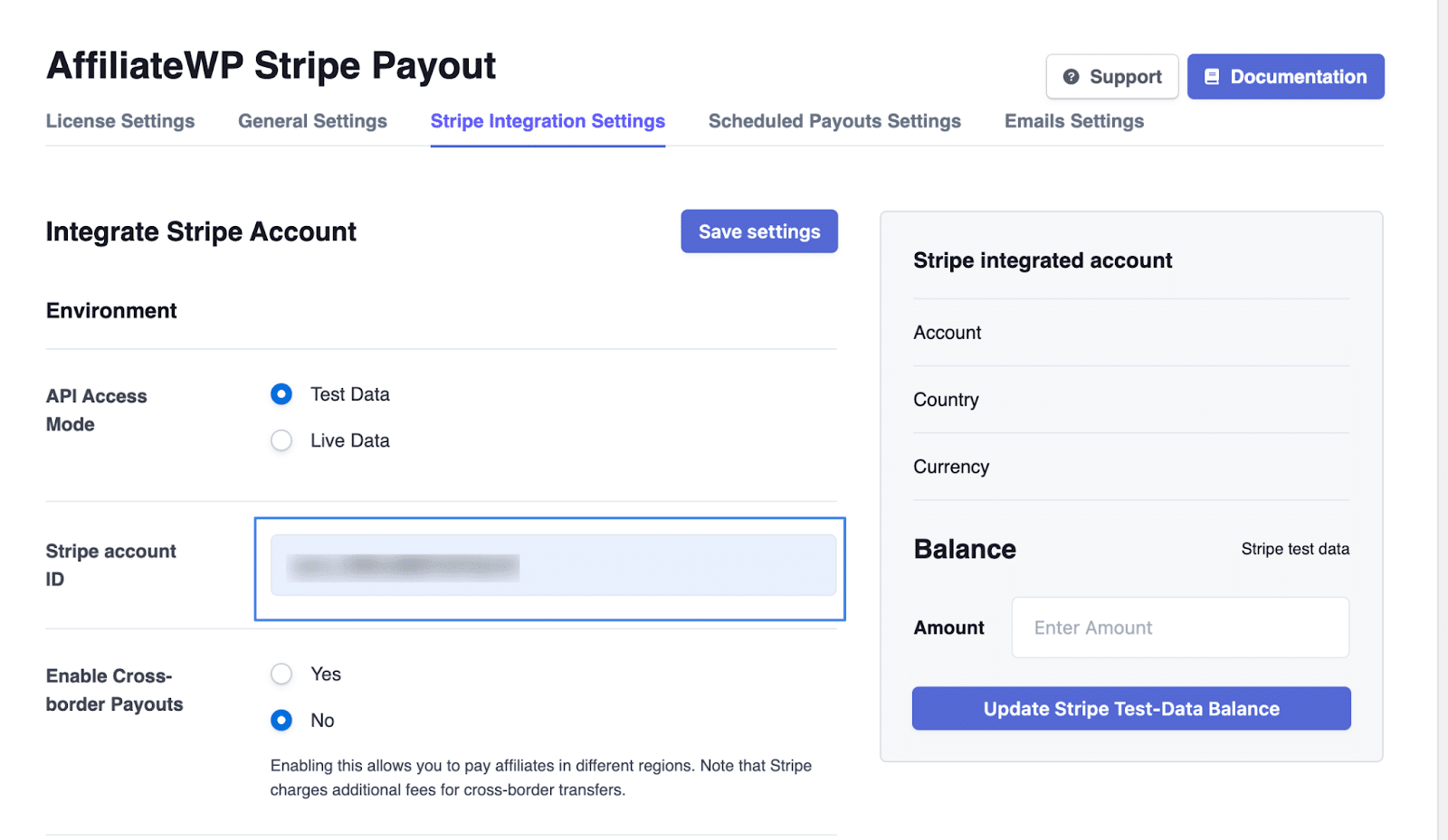 Image showing AffiliateWP Stripe Payout integration settings.