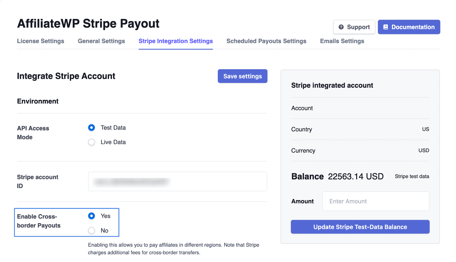 Image showing AffiliateWP Stripe Payout enable cross-border payouts.