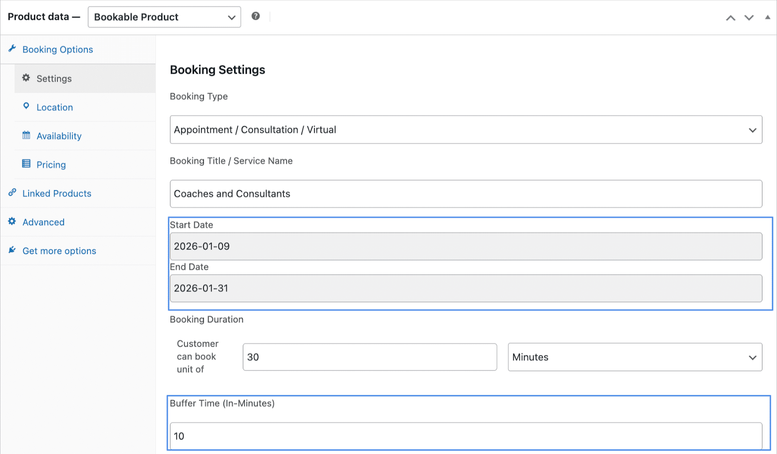 Image showing start date and end date of booking settings.