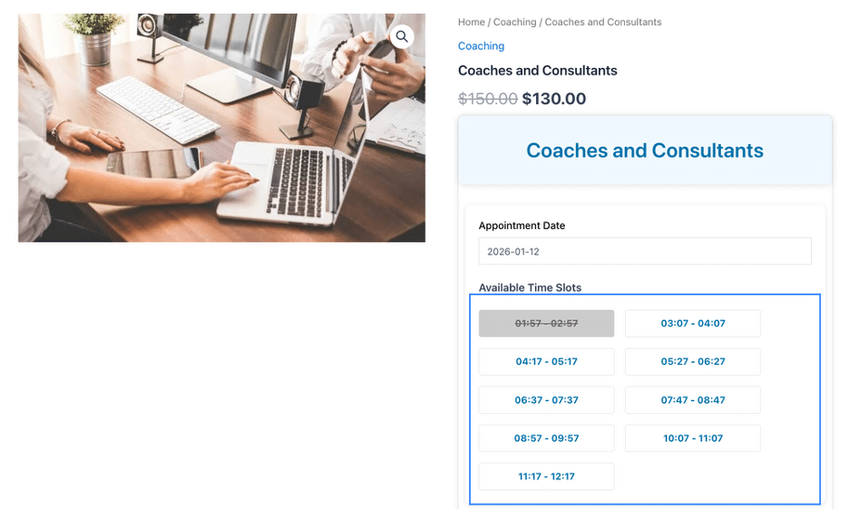 Image showing coaches and consultants available time slots. 