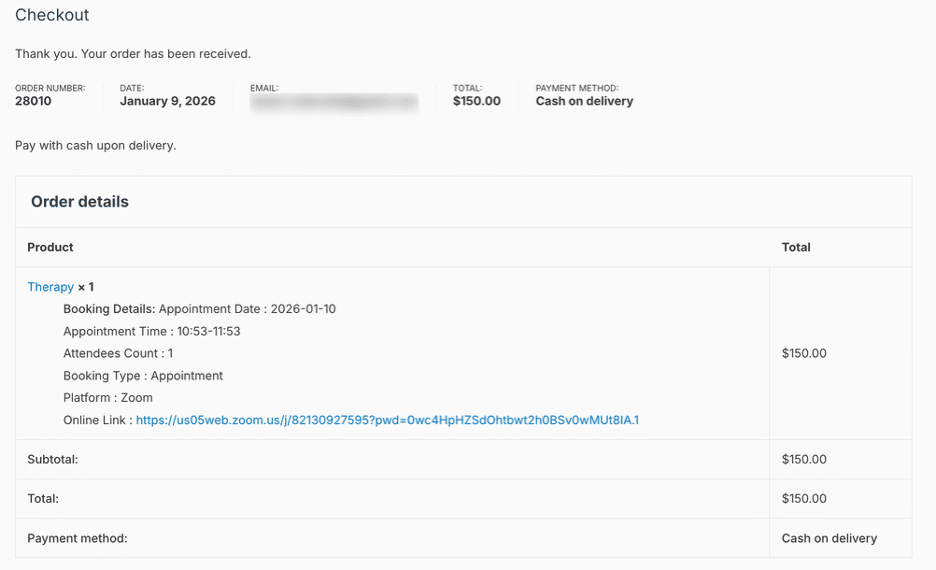 Image showing order details with woocommerce bookings. 