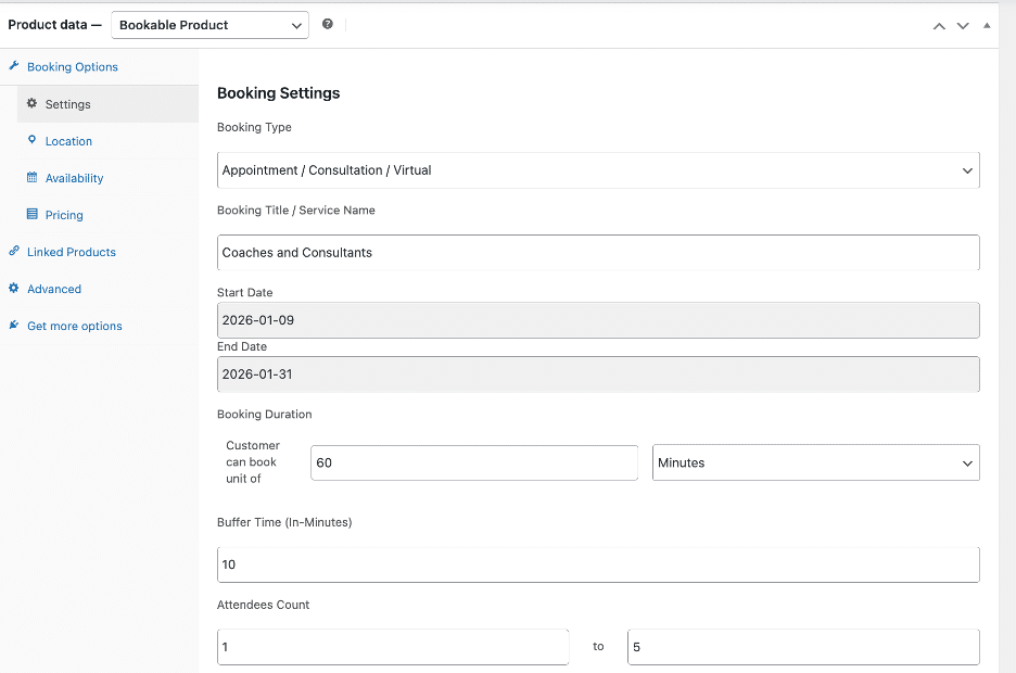 Image showing booking settings of coaches and consultants. 