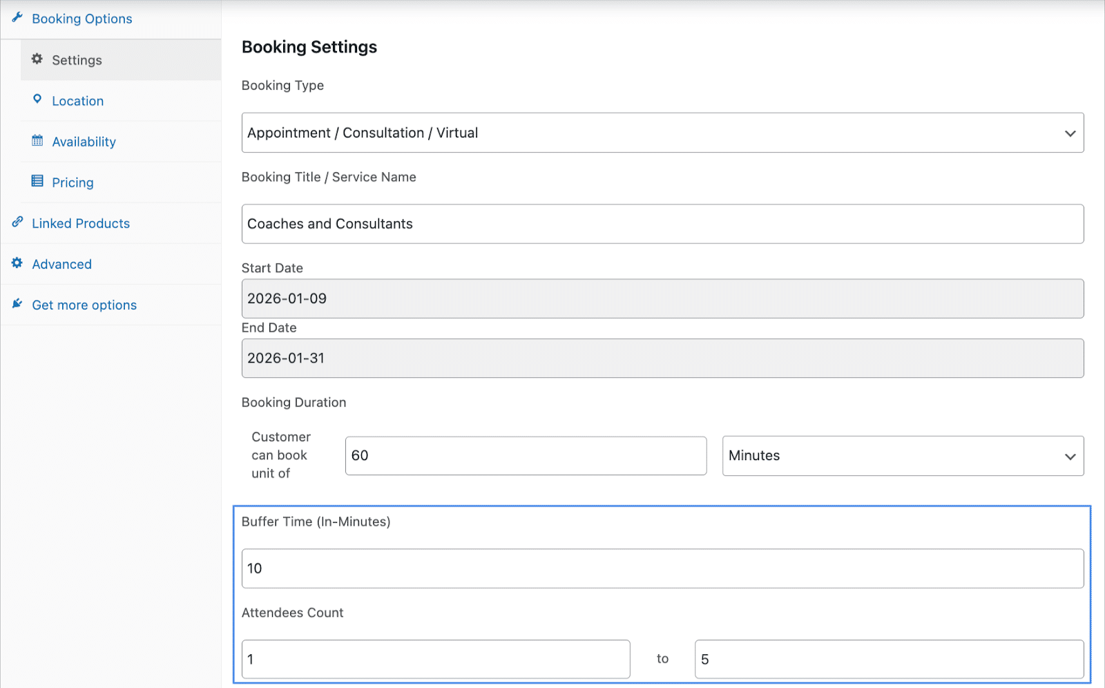 Image showing booking settings buffer time. 