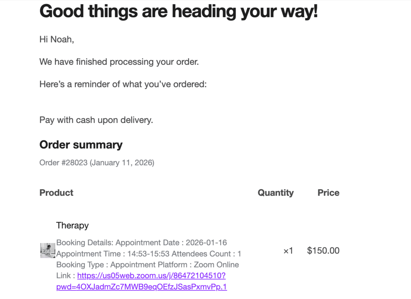 Image showing order summary for your booking details. 
