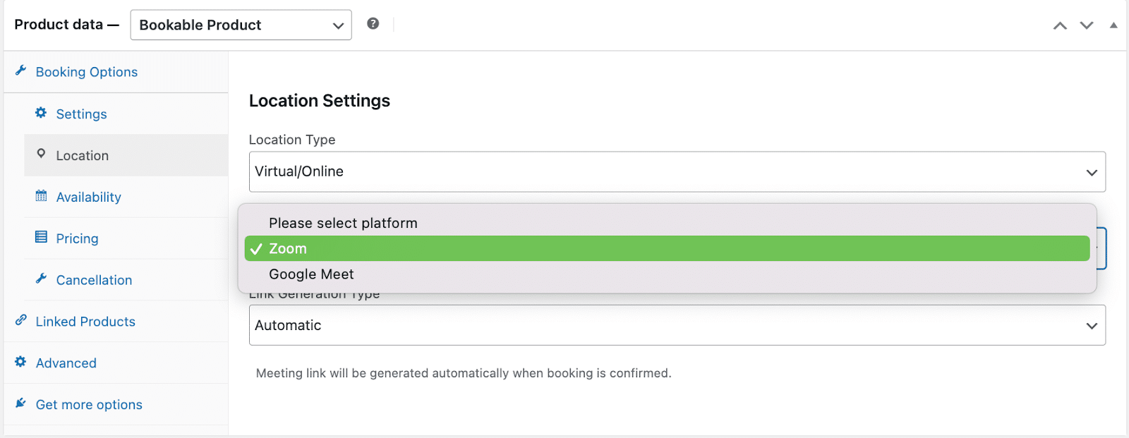 Image showing location settings on woocommerce bookings for zoom. 