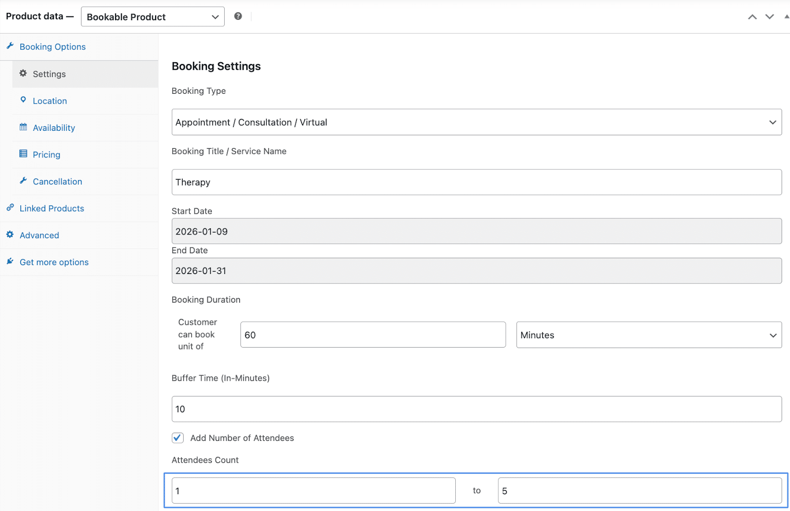 Image showing woocommerce booking settings for Consultation Services.