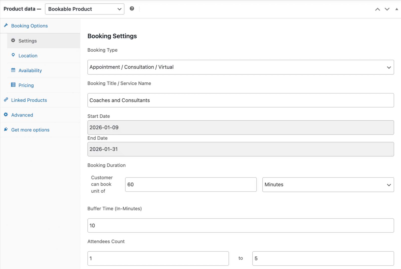 Image showing booking settings for bookable products for Consultation Services.