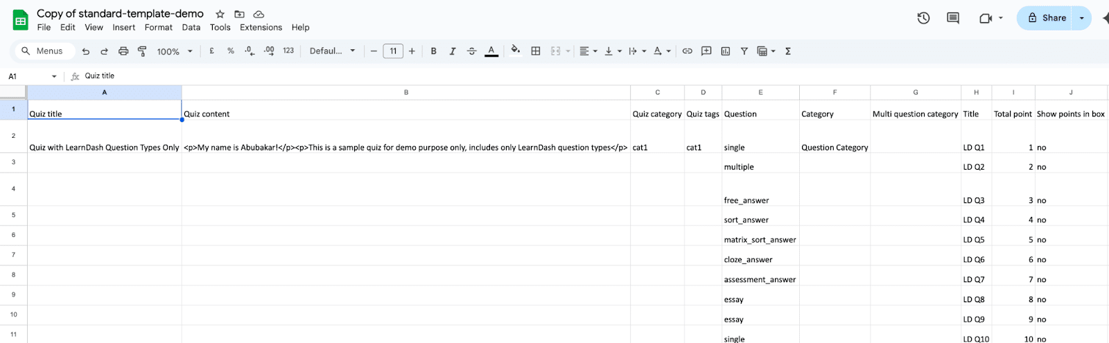 Image showing copy of standard template demo for LearnDash Quizzes.