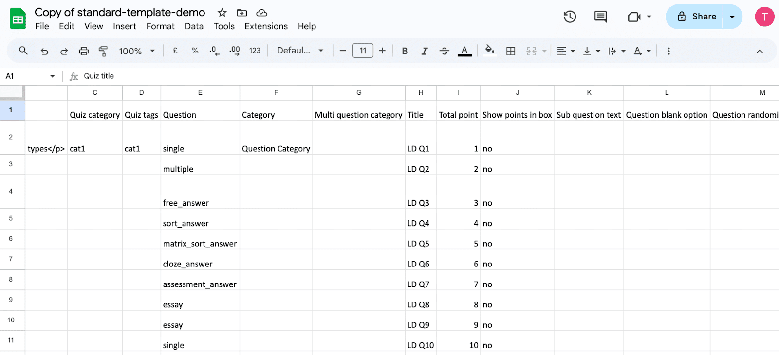 Image showing google sheet copy of standard template demo for LearnDash Quizzes.