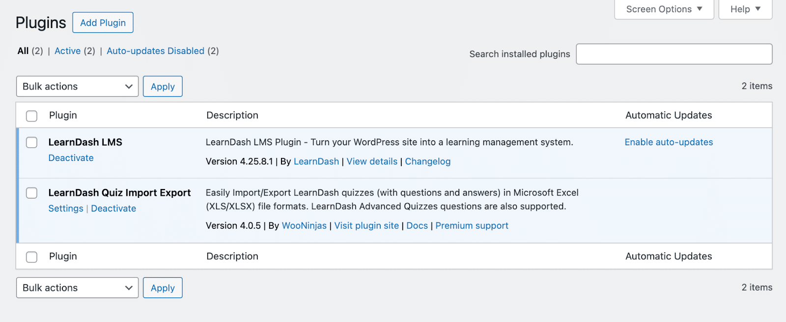 Image showing LearnDash Quizzes plugin options.
