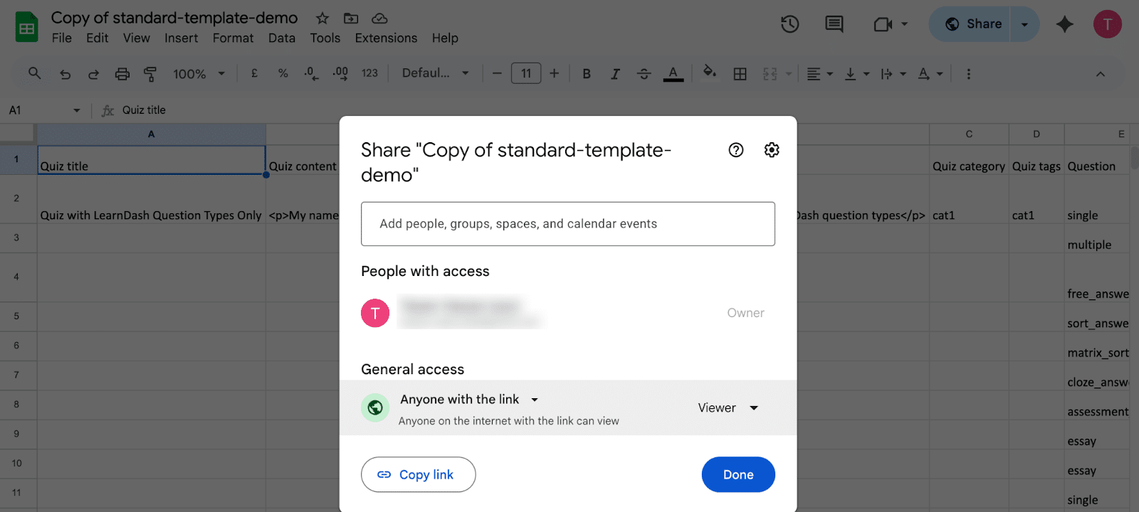 Image showing how to share the copy of standard template demo.