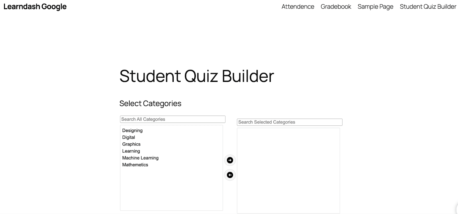 Image showing student quiz builder categories.