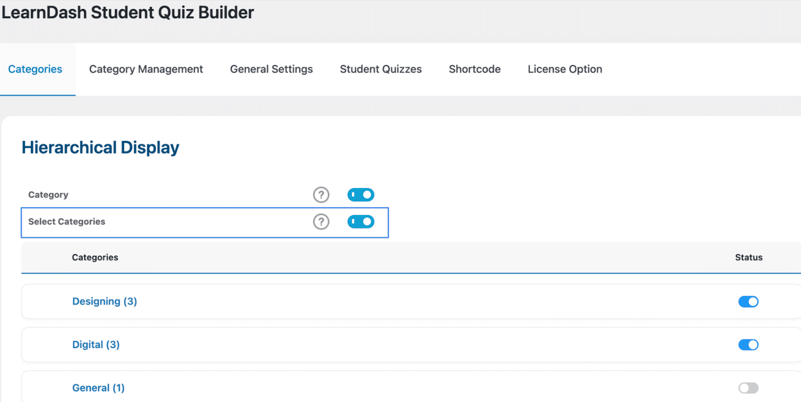 Image showing LearnDash student quiz builder hierarchical display.