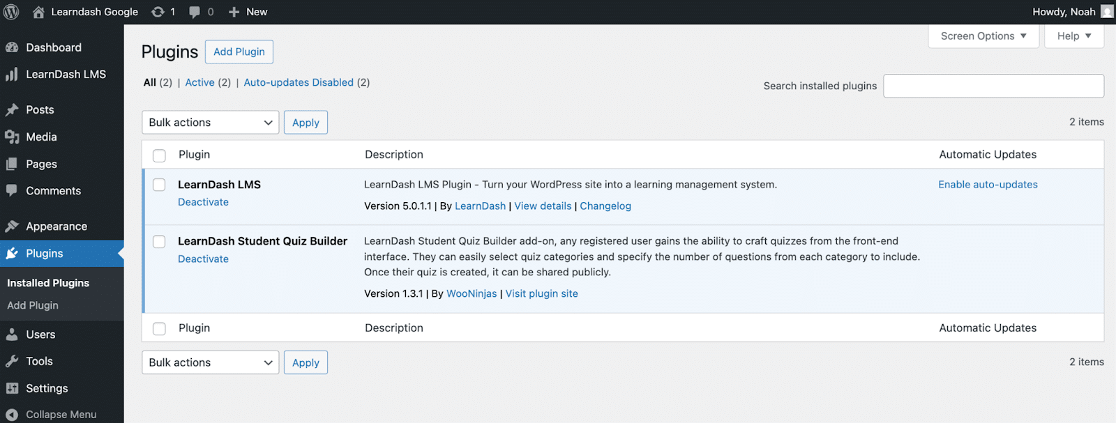 Image showing required plugins to add the LearnDash student Quiz builder.