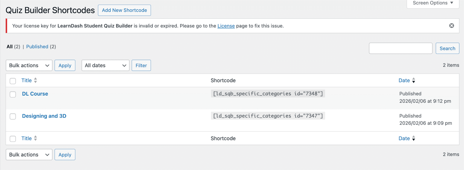 Image showing quiz builder shortcodes.
