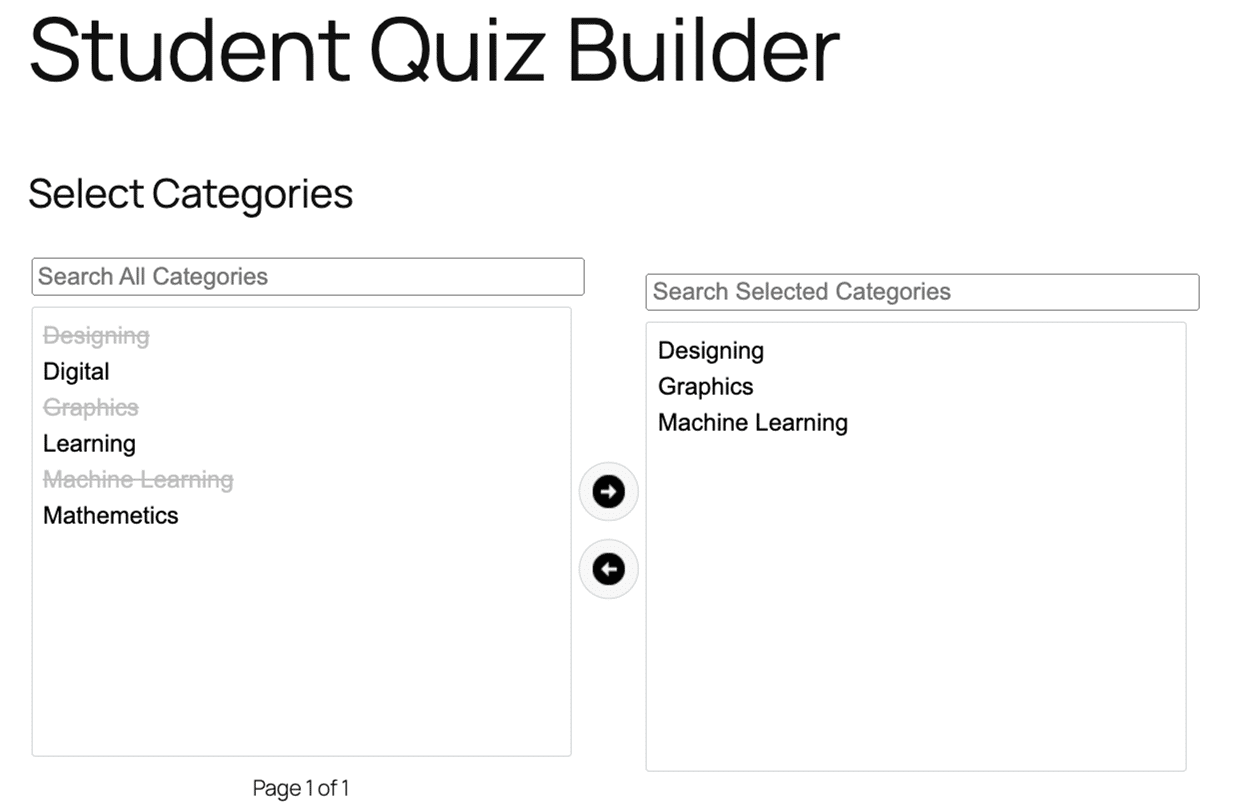 Image showing close view of the categories for student quiz builder.