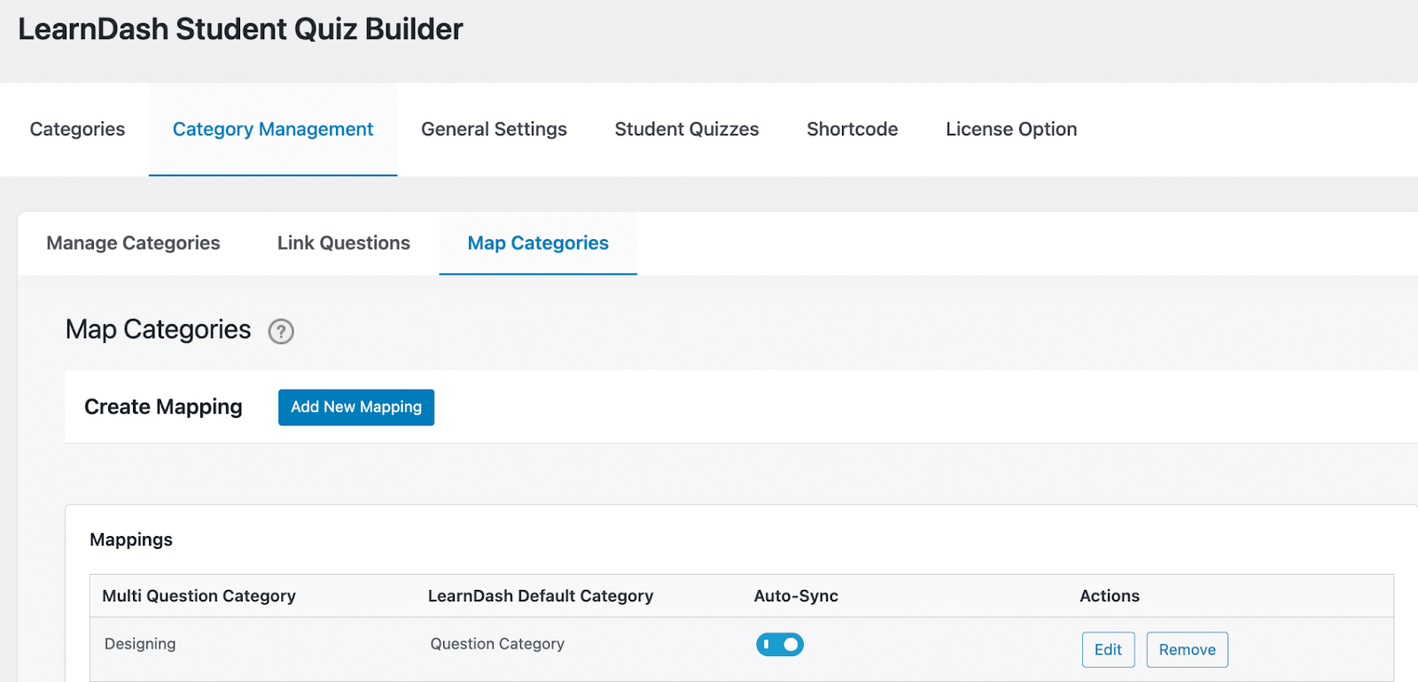 Image showing LearnDash student Quiz builder category management.