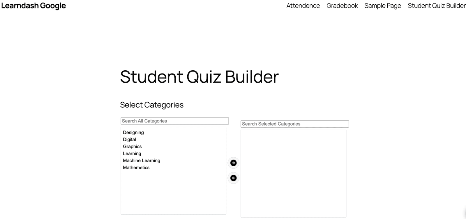 Image showing student quiz builder categories.