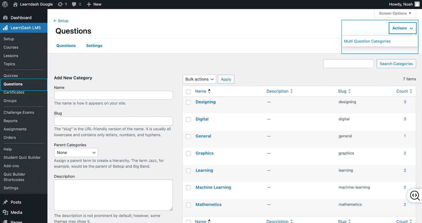 Image showing setup questions for quizzes.