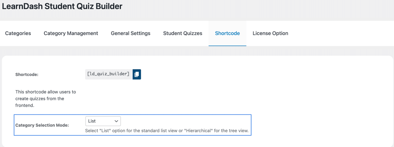 Image showing LearnDash student quiz builder shortcodes.