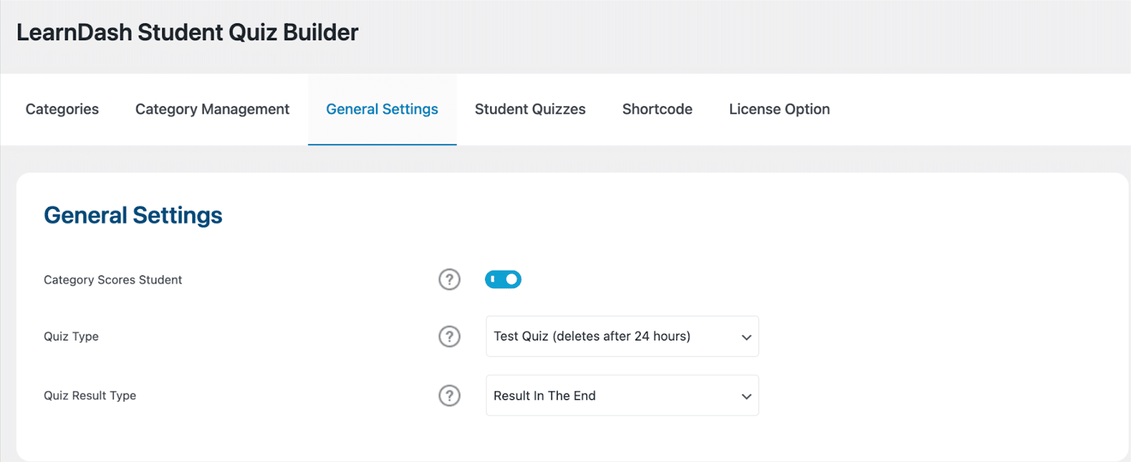 Image showing general settings for the LearnDash student quiz builder.
