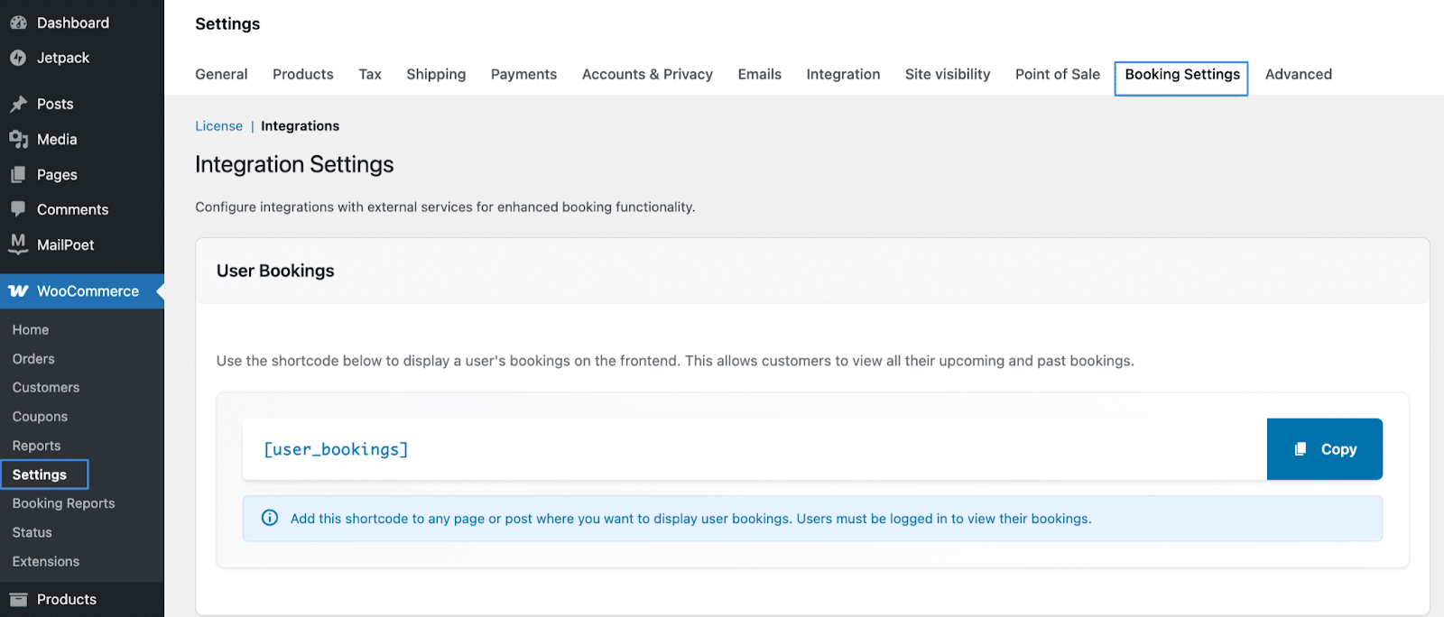Image showing WooCommerce Bookings integration settings.