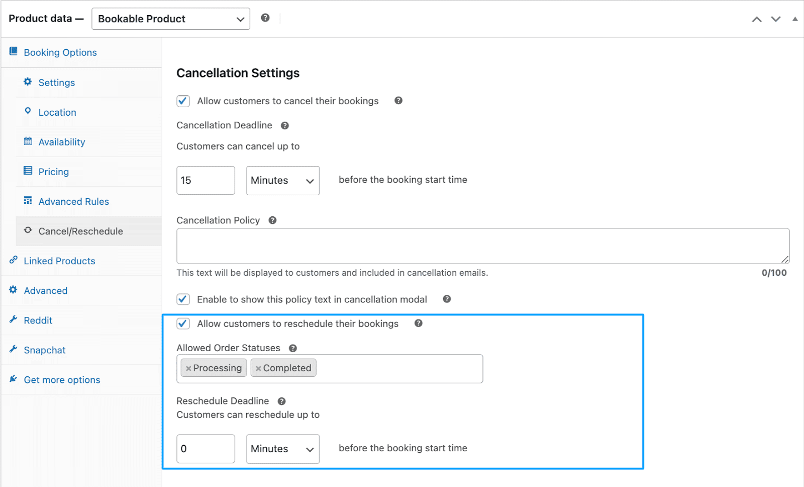 Image showing how to allow customers to reschedule their bookings.