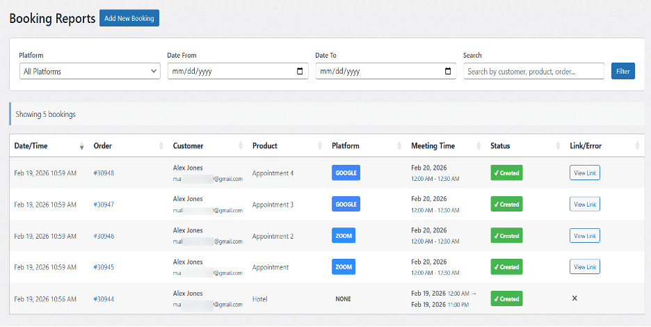Image showing A "Booking Reports" sub-menu under WooCommerce.