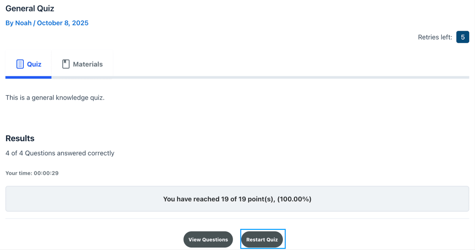 Image showing general Quiz restart quiz option.