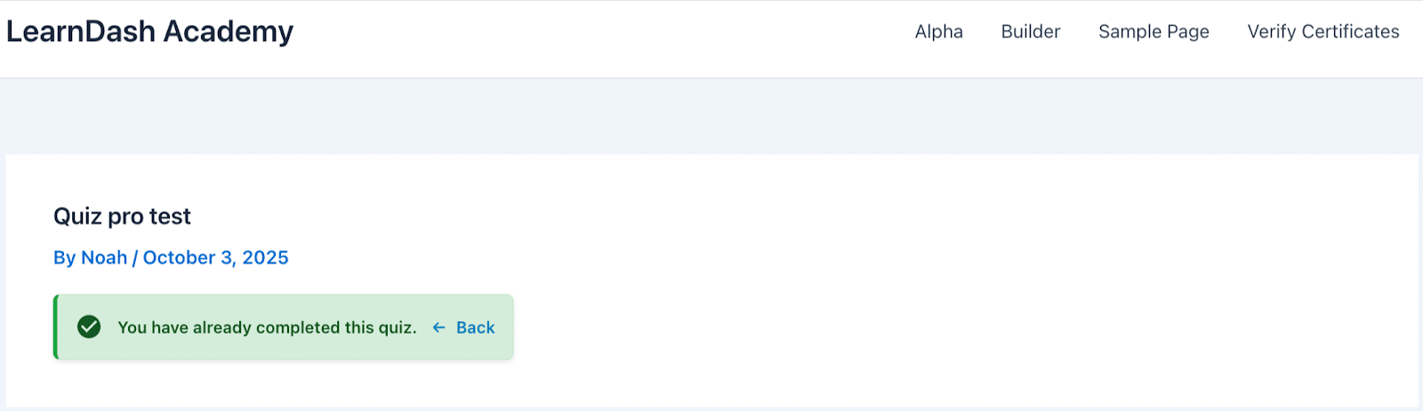 Image showing quiz pro test completion.