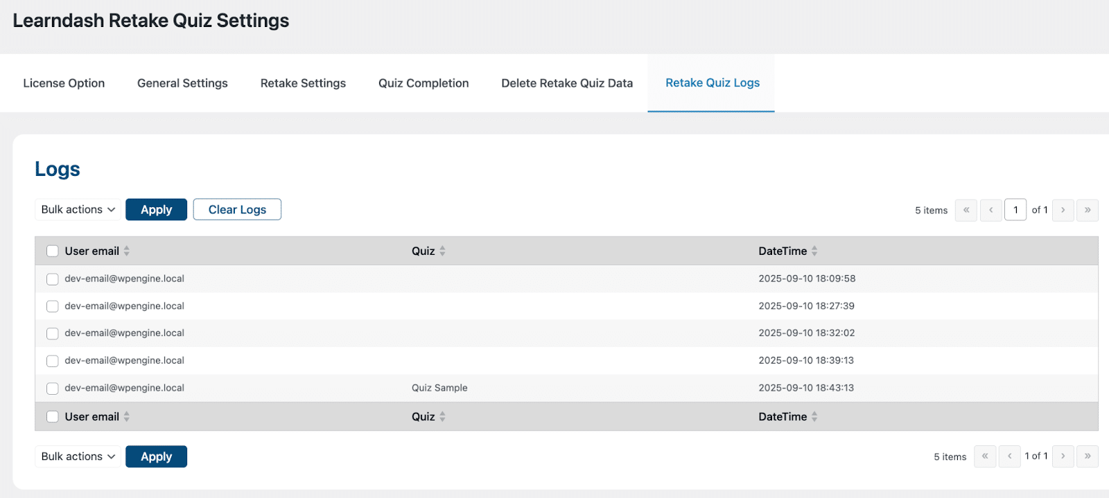 Image showing LearnDash Retake quiz settings retake quiz logs.