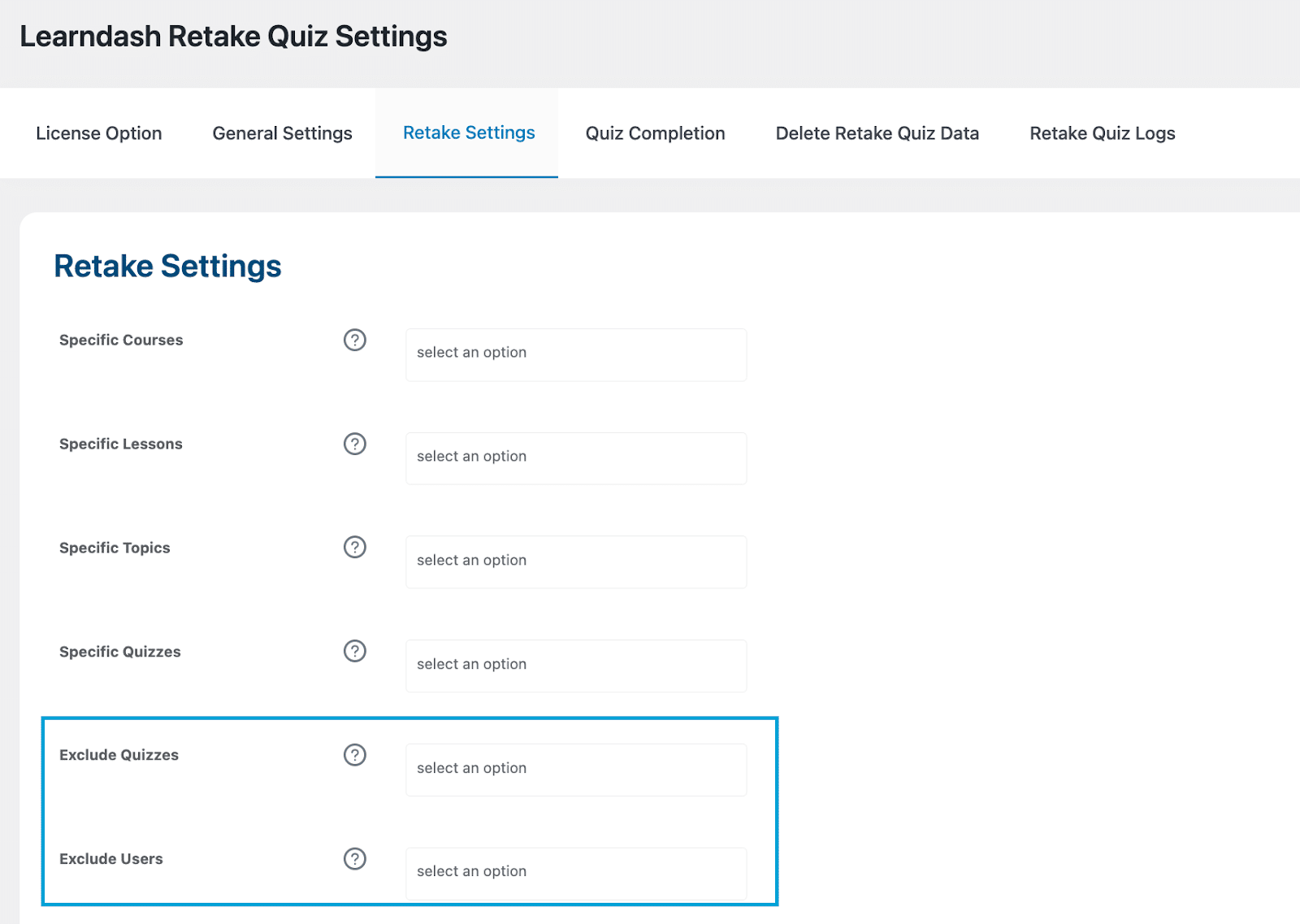 Image showing LearnDash retake quiz settings.