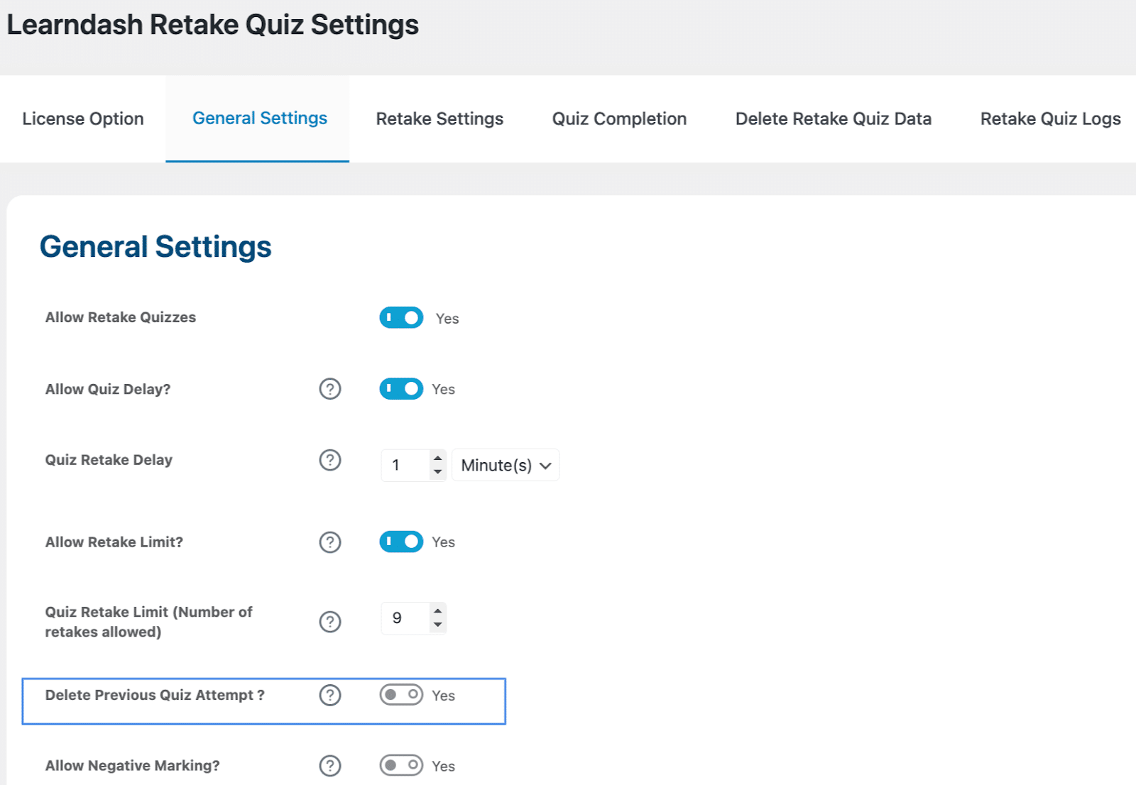 Image showing LearnDash retake quiz settings.