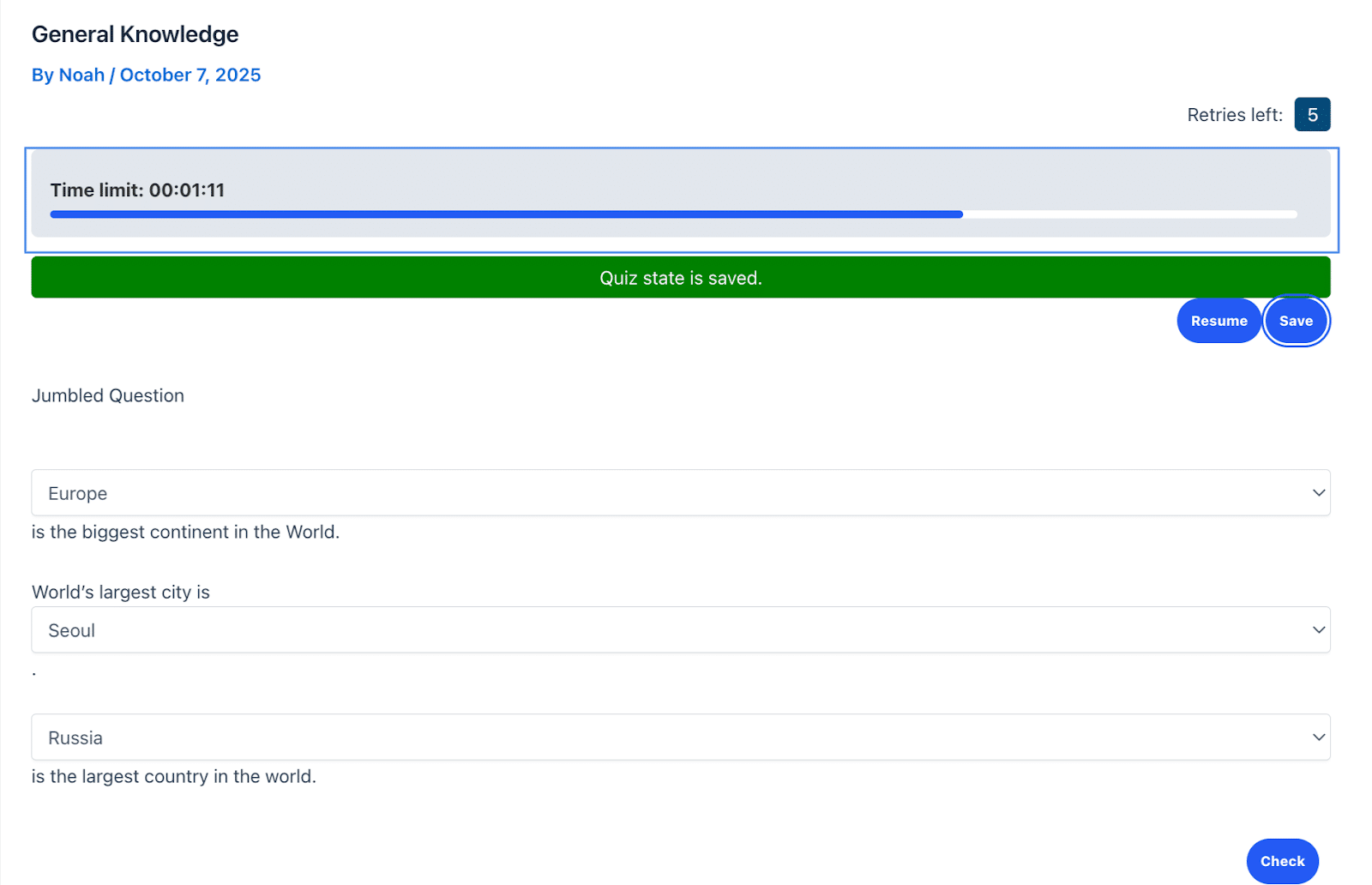Image showing quiz state is saved.