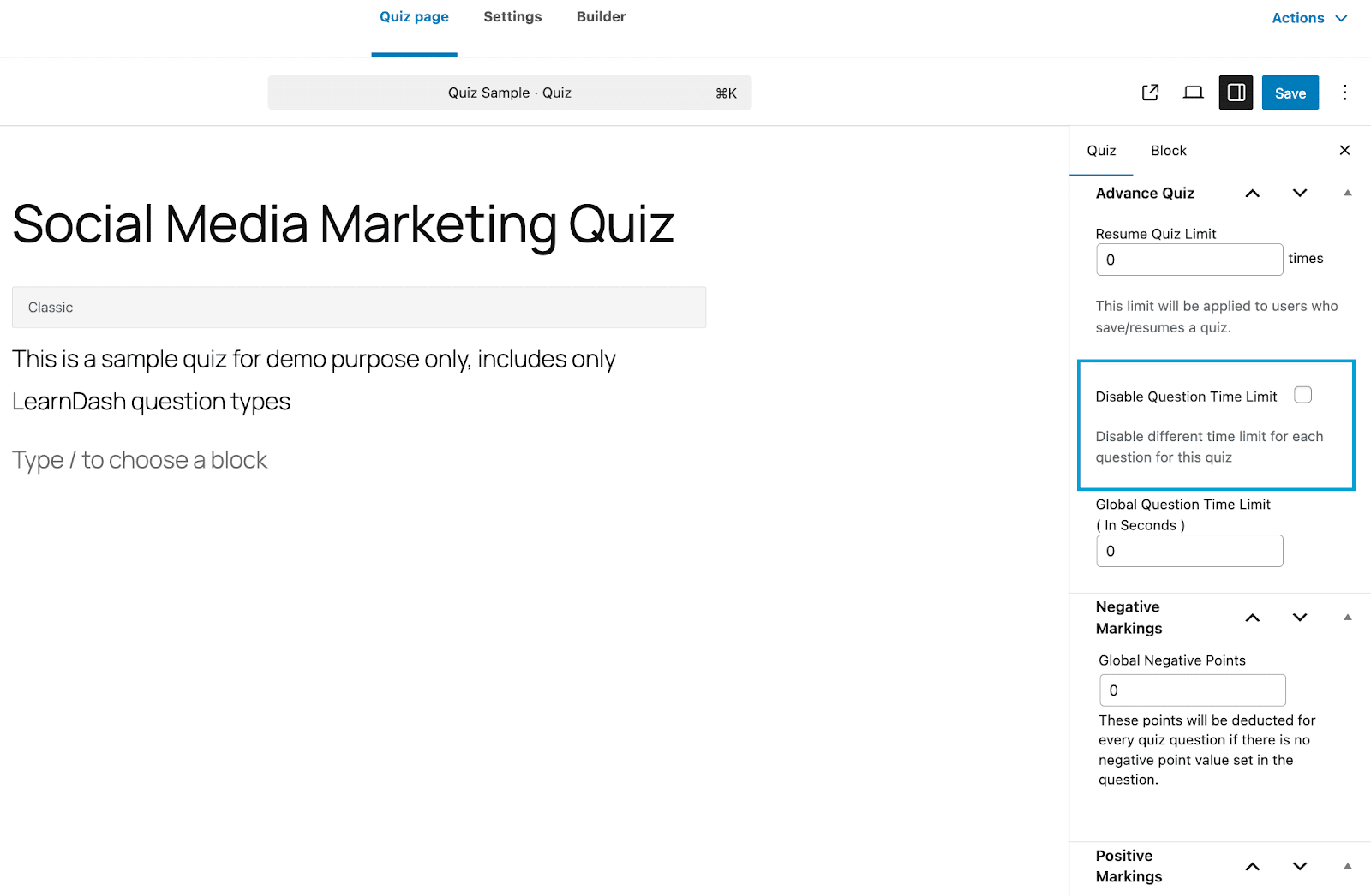 Image showing social media marketing quiz disable question time limit.