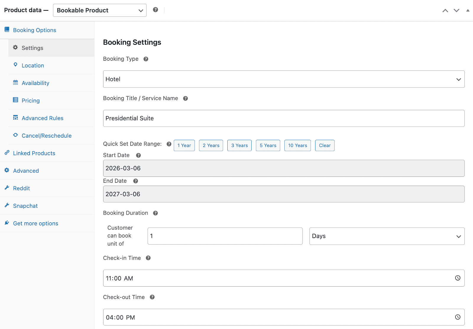 Image showing advanced booking settings for you WooCommerce bookings plugin.