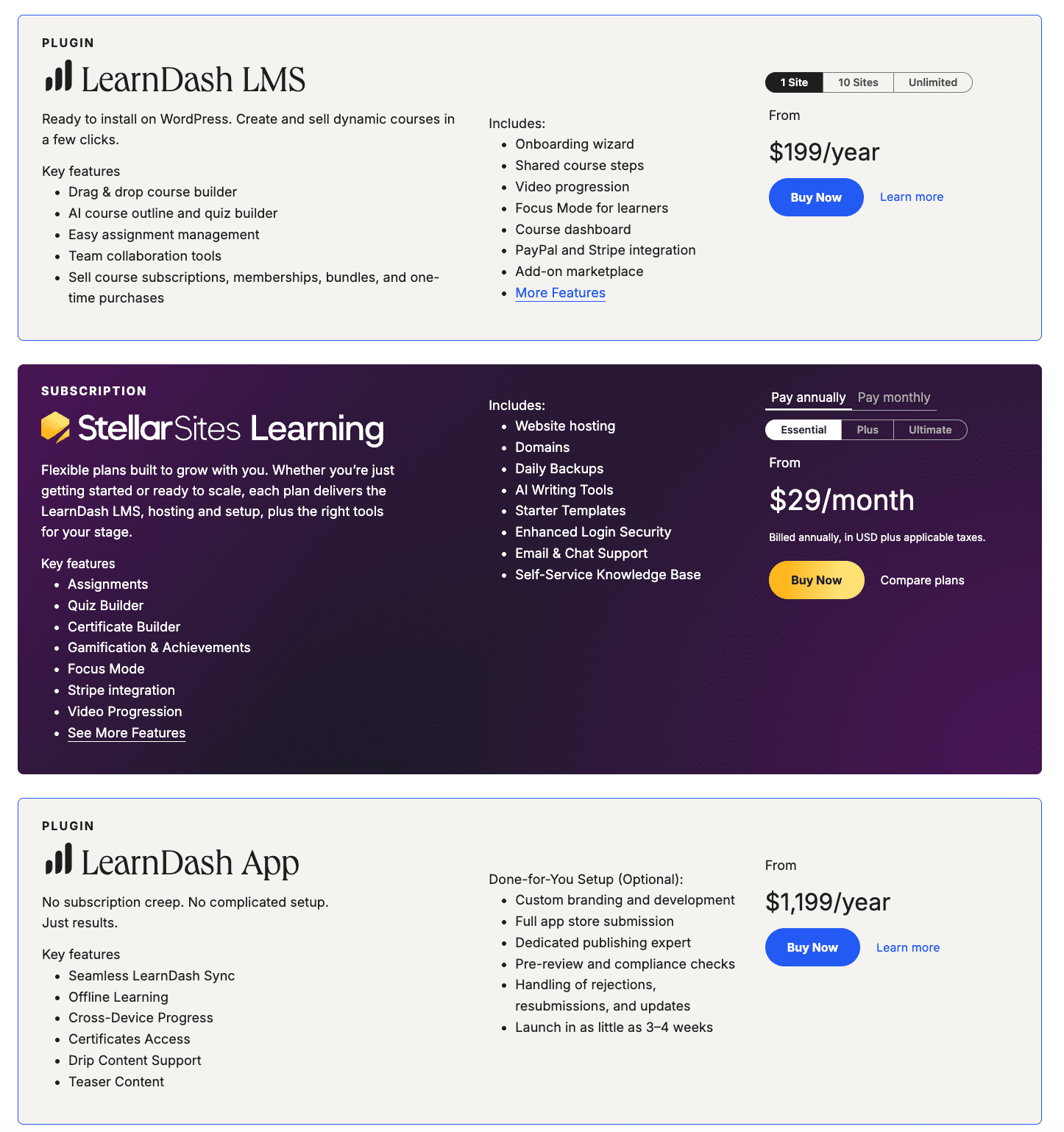 Image showing LearnDash LMS pricing plans.