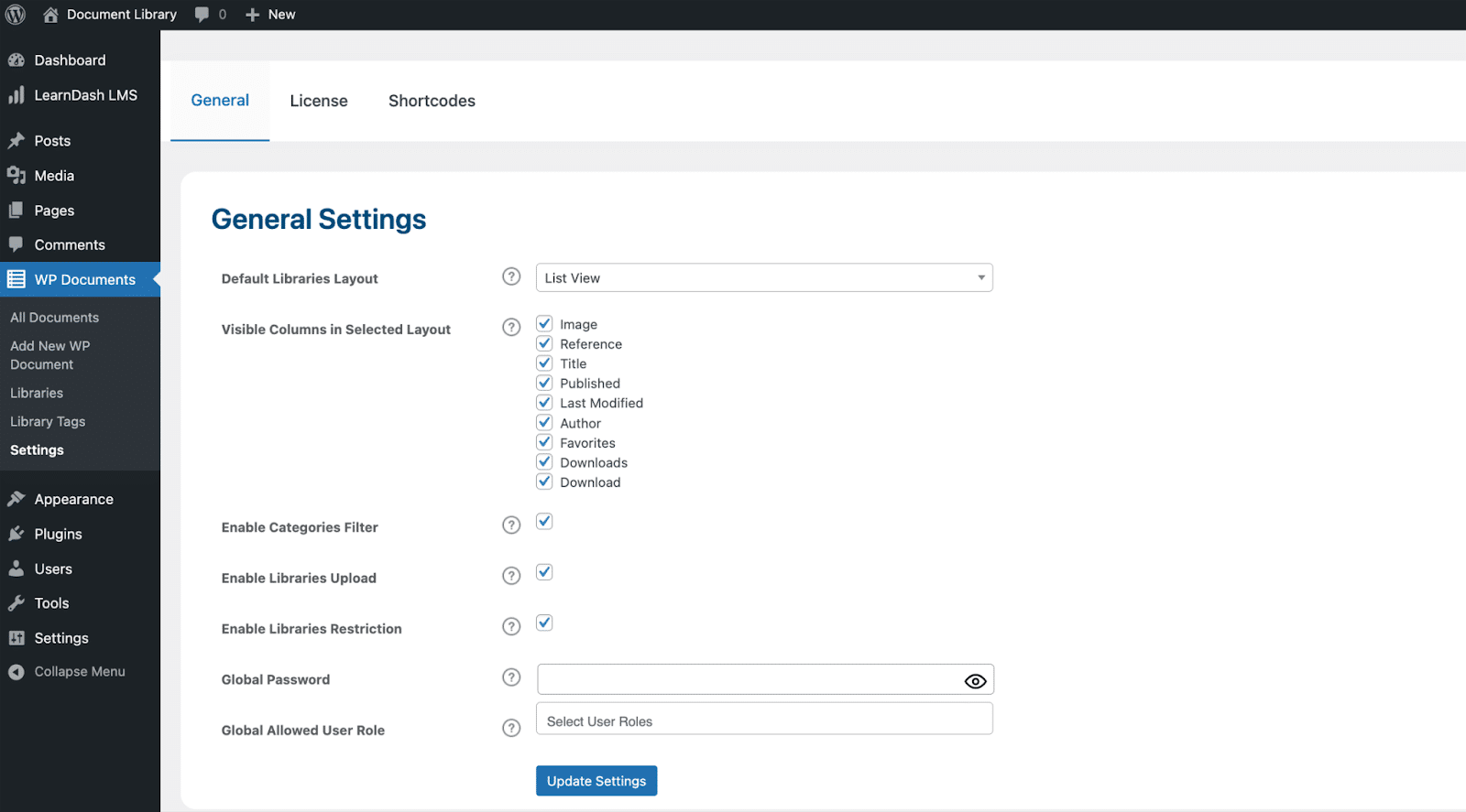 Image showing general settings for your WP Document library.