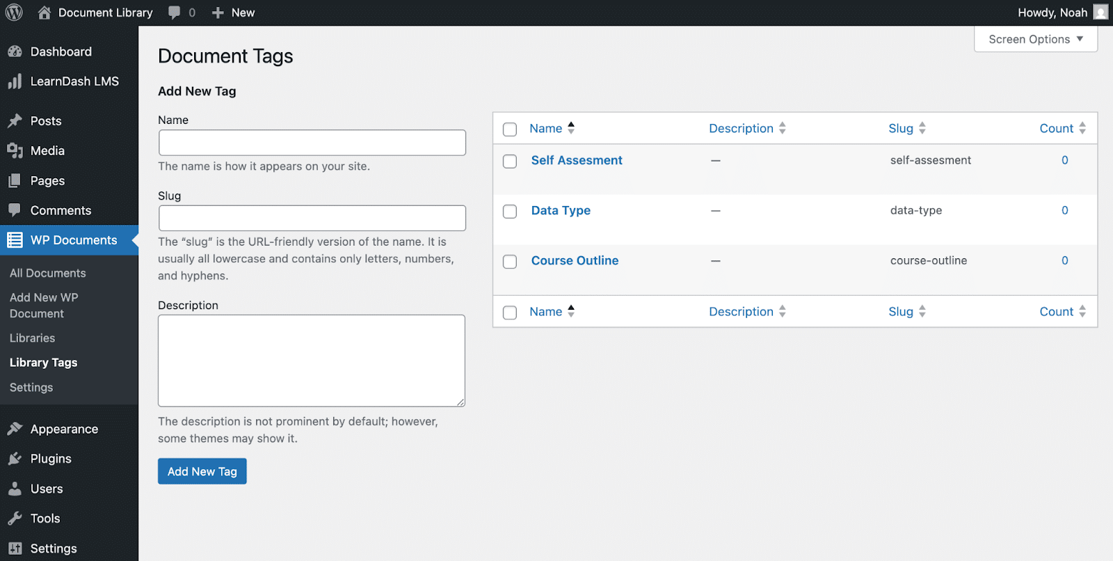 Image showing WP Document library tags.