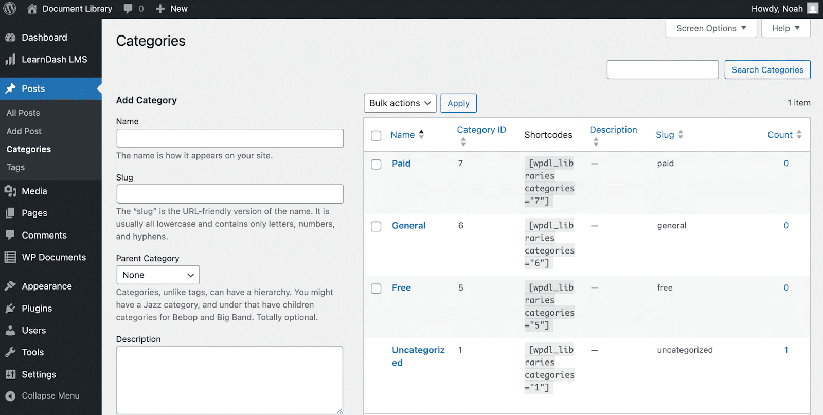 Image showing WP documents categories for your posts.