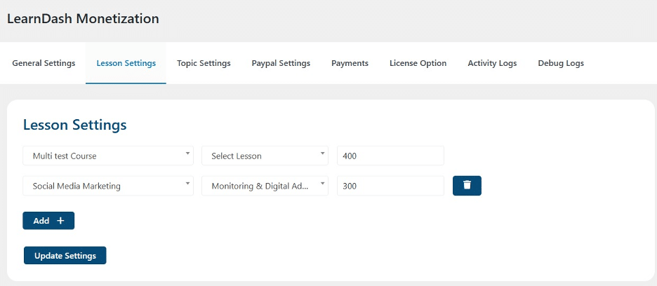 Image showing LearnDash monetization lesson settings.