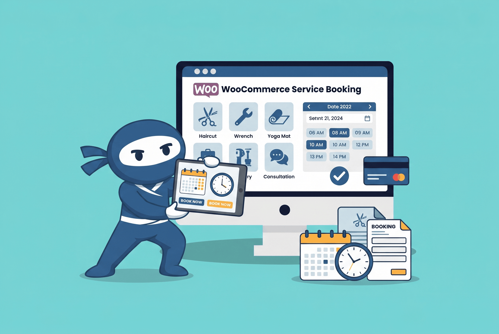 WooCommerce Service Bookings displayed on the monitor with various service options visible on screen in the background and a Blue Ninja holding a tablet in the foreground